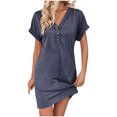 thumbnail image 2 of Ovzne Robes d'Été pour Femmes 2025 Robe d'Été Mode pour Femmes Décontractée Couleur Unie Manches Courtes Robe à Col en V Robe Grande Taille Manches Courtes Liquidation, 2 of 7