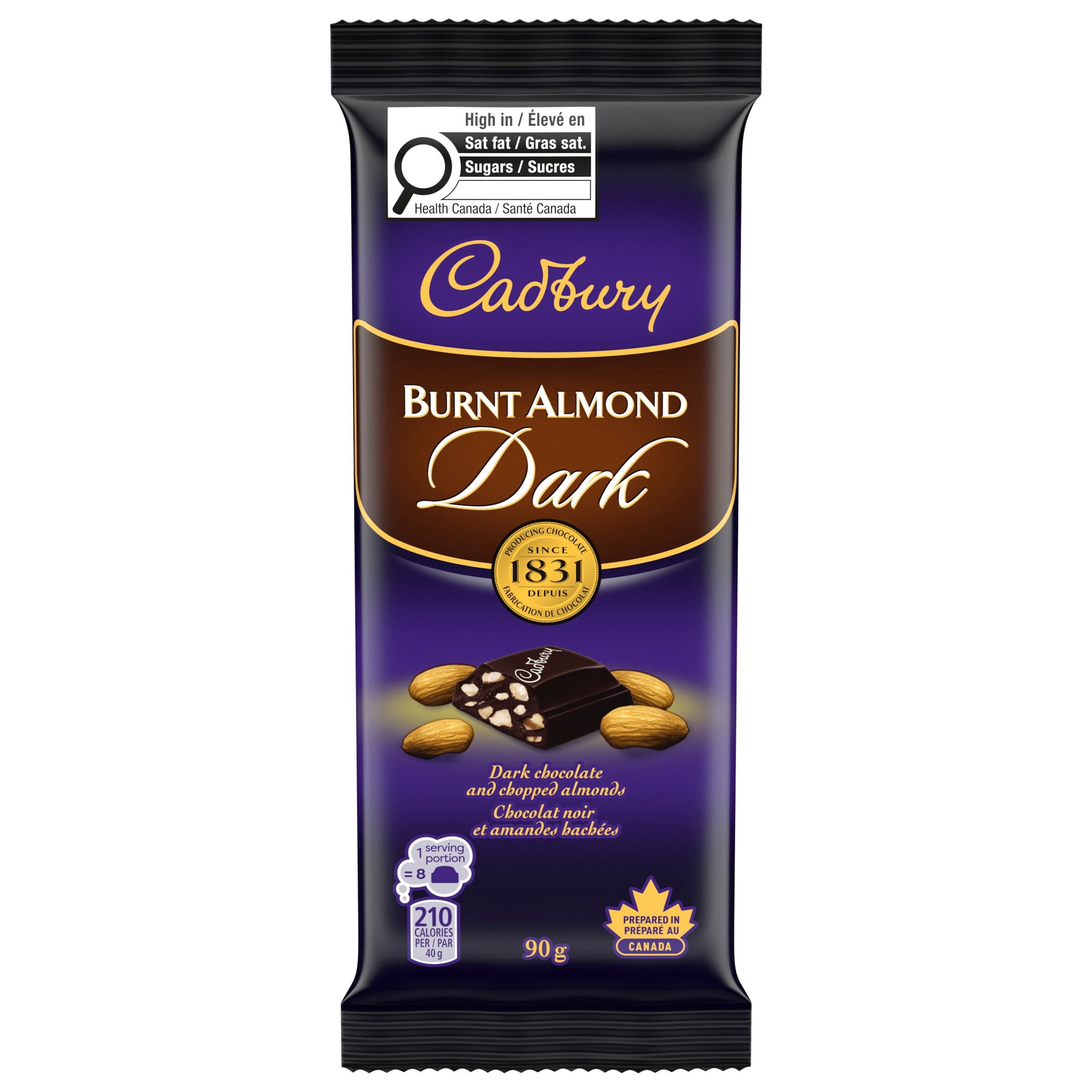 CADBURY Burnt Almond Chocolate Bar, Dark Chocolate with Chopped Almonds, Dark Chocolate Bar, Single Bar, 90 g