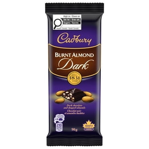 CADBURY Burnt Almond Chocolate Bar, Dark Chocolate with Chopped Almonds, Dark Chocolate Bar, Single Bar, 90 g