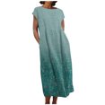 thumbnail image 2 of Meichang Robe d'Été en Coton et Lin à Manches Courtes pour Femme, Col Rond, Coupe Ample, Dégradé, Robe Midi Bohème Décontractée à Imprimé, Robe de Travail Rétro Légère Évasée, Bleu, P, 2 of 5