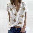 thumbnail image 2 of T-Shirts d'Été pour Femmes Col en V Imprimé Étoile Manches Courtes Dentelle Patchwork Blouse, 2 of 9