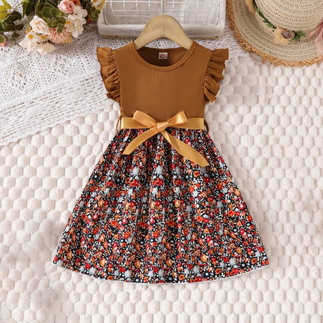 Pisexur Girls Dresses , Robes d'Été pour Bébés Filles, Robe Tricotée Imprimée Sans Manches à Col Rond Longueur Genou Marron