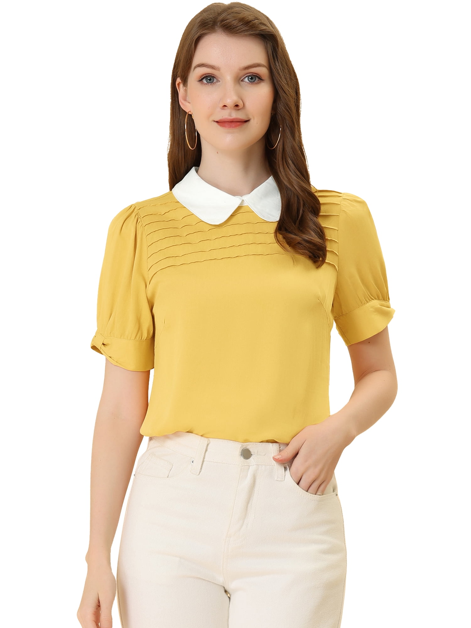 INSPIRE CHIC Women's Peter Pan Collar Puff Short Sleeve Tops