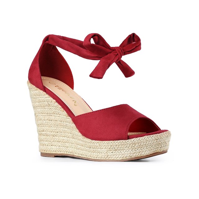 BLISSFUL STEP Chaussures pour Femmes Espadrilles à Talon Compensé à Lacets Sandales à Bride à la Cheville Rouge 6