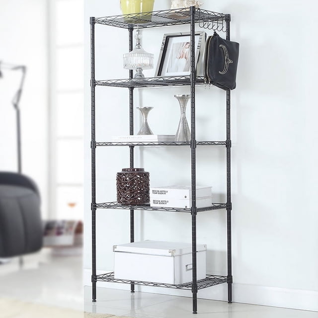 Ktaxon 5 Tier Layer 59"x21"x11.5" Storage Rack in black, featuring adjustable wire shelving made of durable carbon steel. Designed for garage storage, kitchen organization, or bathroom use, this steel organizer has five tiers with adjustable heights and leveling feet for stability on uneven floors. It offers a total weight capacity of 550 lbs. Displayed in a modern room setting with decorative items and storage boxes placed on the shelves.