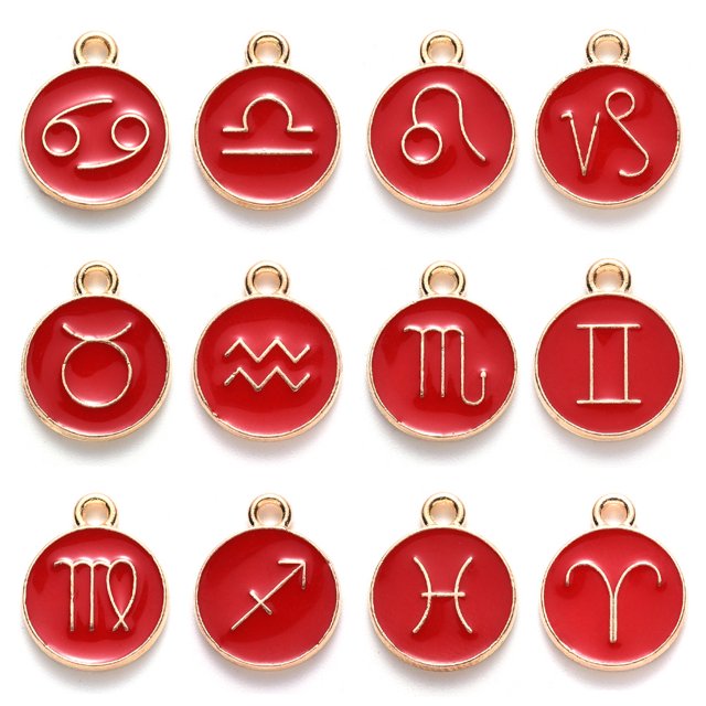 12 Constellations Round Shape Charm Pendants for DIY Bracelets Necklace Making Supplies - Red