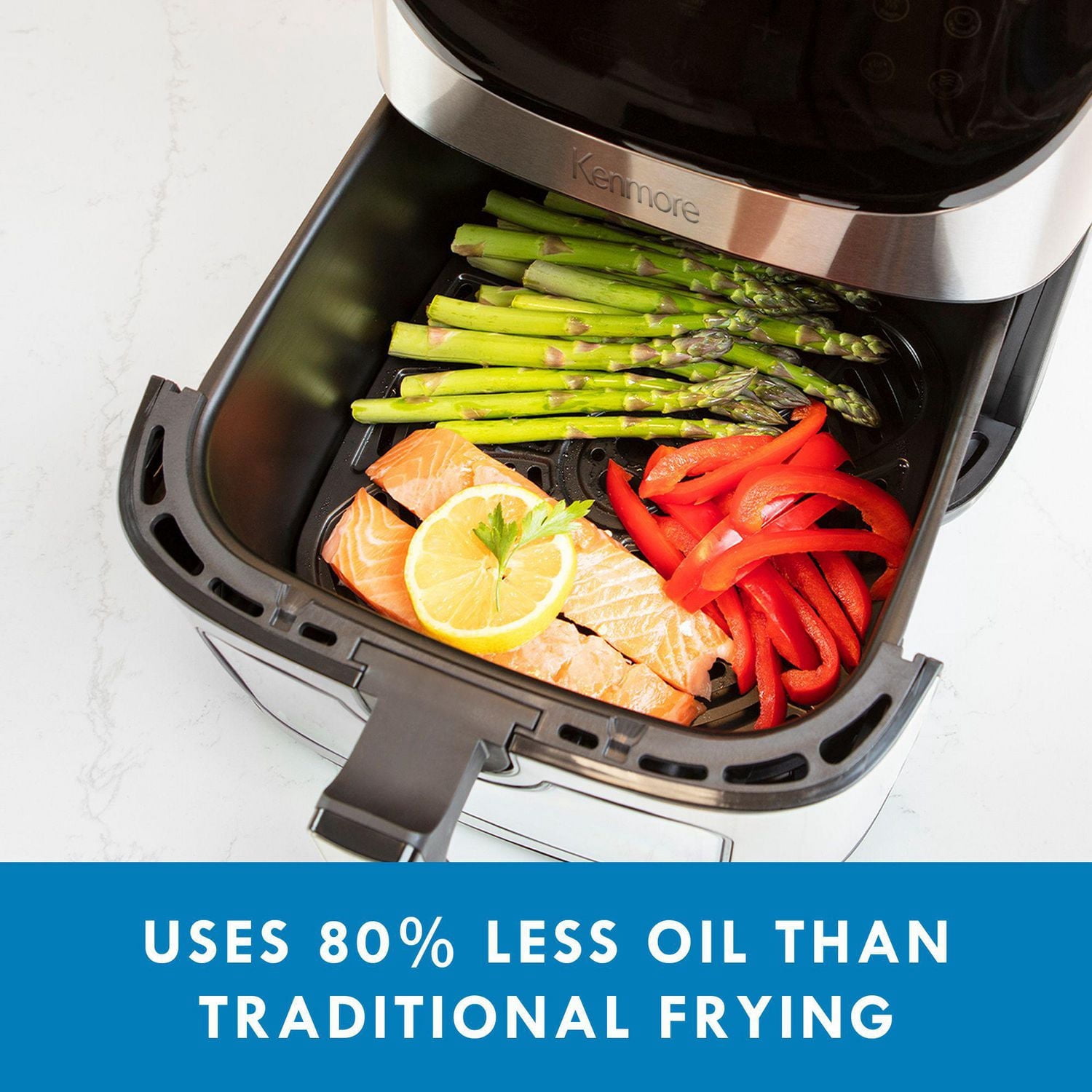 Kenmore 8 Qt Air Fryer 1700W 12 Presets Digital Touch Screen Stainless Steel Family Size Nonstick Basket Easy Cleanup Dishwasher Safe OilLess Cooking