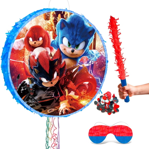 4 Pcs Piñata Soniques, Ensemble de Piñata Soniques - Piñata à Thème Sonique, Bâtons de Piñata de Fête Soniques, Masque pour les Yeux de Jeu de Fête Sonique et Autres Fournitures de Piñata Soniques pour Décorations de Fête d'Anniversaire Sonique