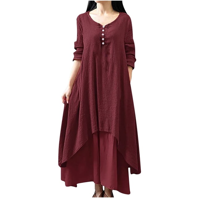 CHOK Robes d'Été Grande Taille pour Femmes à Manches Longues en Coton et Lin Décontractées Amples Unies Irrégulières Robe Maxi pour Femmes