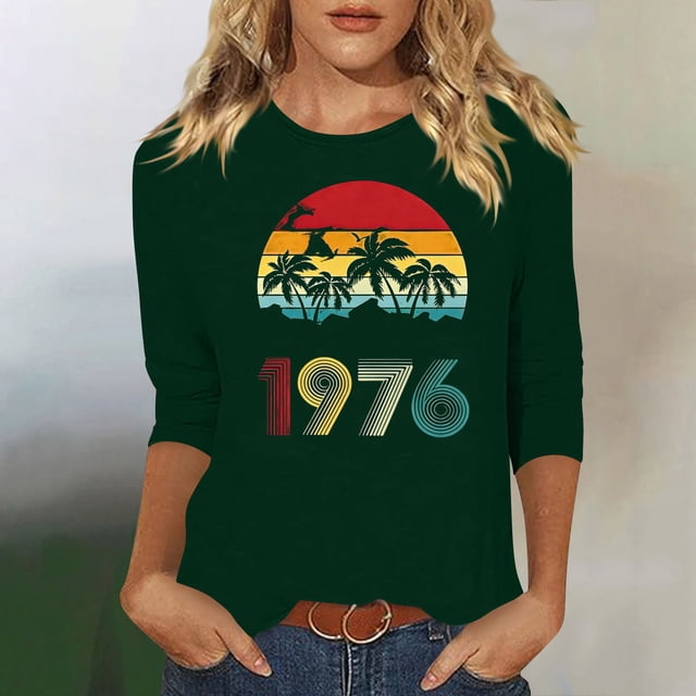 Uootdi Hauts pour Femmes Manches 3/4 Col Ras du Cou Imprimé Palmier Coucher de Soleil 1976 Coupe Décontractée T-Shirts Rétro Plage Vacances Cadeau
