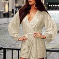 thumbnail image 4 of Ltctricy Robe à Paillettes pour Femmes, Manches Longues Lanterne, Décolleté en V Profond Croisé, Portefeuille, Ceinturée, Mini-Robe Scintillante à Paillettes, Robe de Boîte de Nuit et de Fête (Beige, XX-Grand), 4 of 6