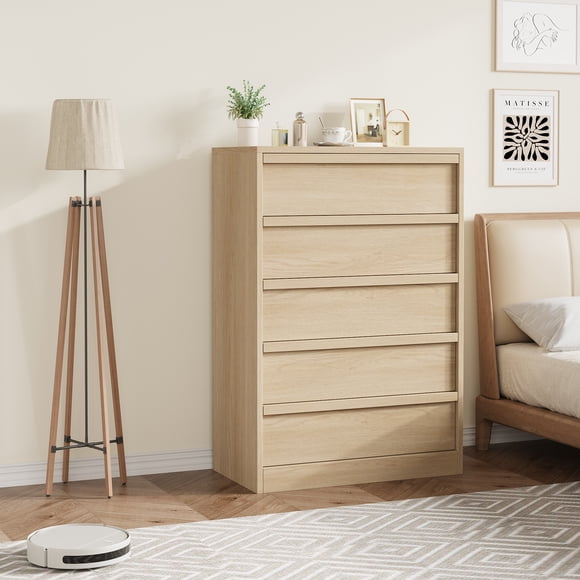 5-Drawer Tall Dresser, Modern Wooden Chest of Drawers with Large Storage, Organizer for Bedroom, Living Room,Entryway, Natural Wood Color