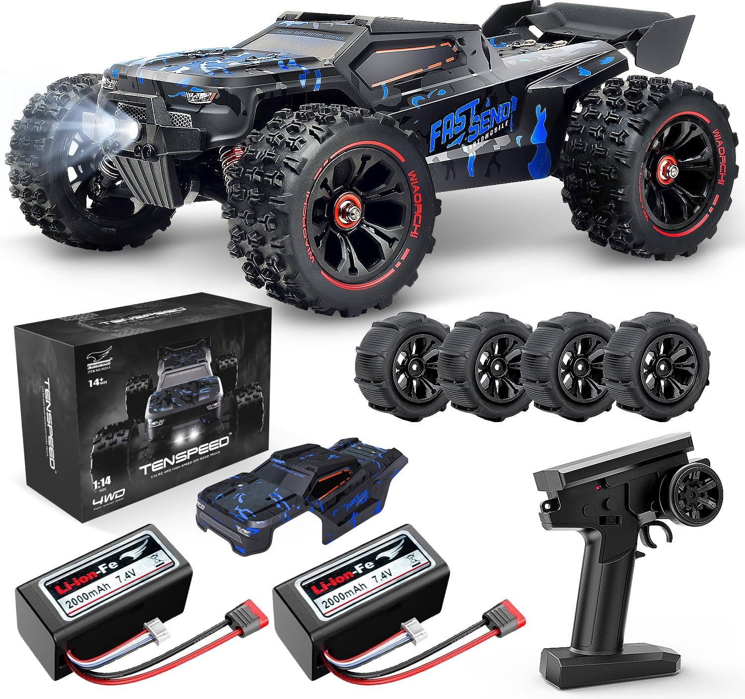 1/14 Scale RC Cars for Adults, 60+ KM/H High Speed RC Truggy, 4X4 Off-Road Remote Control Truck, Waterproof Electric Car with 2S Battery, All Terrain RC Vehicle for Snow, Sand