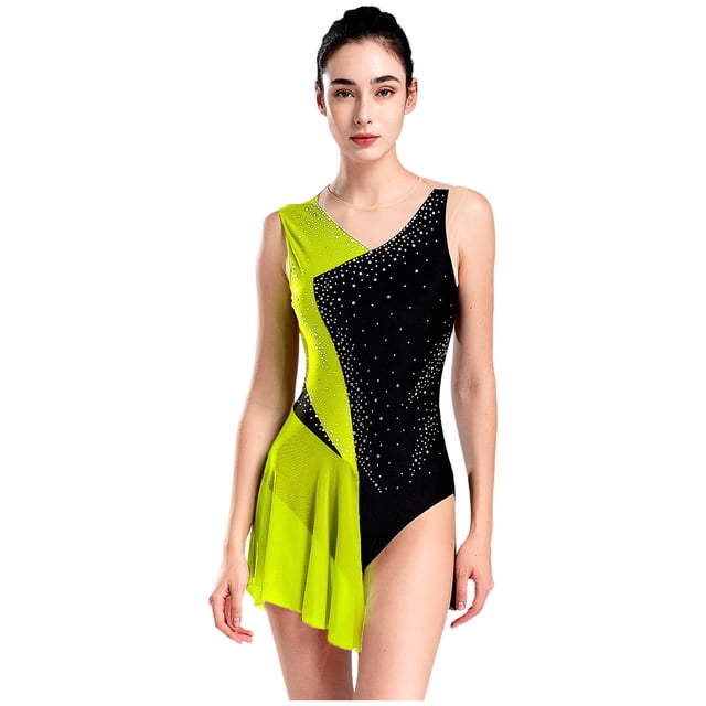 RUNQHUI Robe de Patinage Artistique pour Femmes avec Strass Brillants, Justaucorps de Danse Lyrique pour Compétition, Jaune Fluorescent m
