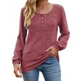 thumbnail image 1 of CEHVOM Women's Round Neck Stripe Matte Solid Color Button Splicing Long Sleeved T-shirt Top Clearance, 1 of 4