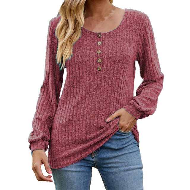 CEHVOM Women's Round Neck Stripe Matte Solid Color Button Splicing Long Sleeved T-shirt Top Clearance