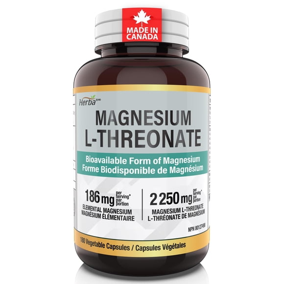 Herba Supplément de Magnésium L-Thréonate – 186 Mg de Magnésium Élémentaire par Portion de L-Thréonate - 90 Capsules / Fabriqué au Canada