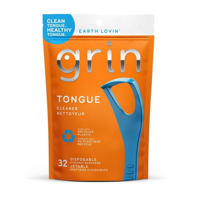 Grin Tongue Disposable Hygienic Scrapers 32ct in an orange resealable pouch showing a blue tongue scraper made with recycled plastic, disposable for hygienic bacteria removal and fresh breath, featuring a safe fold-back pick and earth-friendly design, often used for quick oral hygiene.