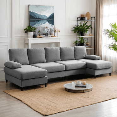 Puremind 114" U-Shaped Sectional Sofa, Linen 4 Seat Sectional Couch with Double Chaises for Living Room/Apartment, Light Gray