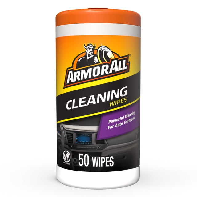 Armor All Cleaning Wipes container holding 50 disposable wipes with an orange and white lid and black and yellow label, designed for powerful cleaning of automotive surfaces including car dashboards and interiors.