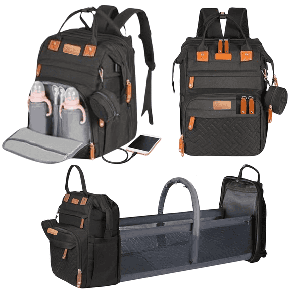 P@B PBell Sacs à Couches pour Bébé avec Station à Langer, Sac à Dos à Couches Imperméable pour Mamans et Papas avec Port de Chargement USB, (Noir)