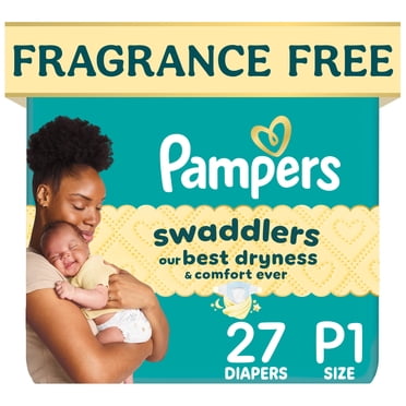 Couches Pampers Swaddlers, taille P (jusqu’à 2,7 kg/6 lb), sans parfum, hypoallergéniques, absorbantes, recommandées par les pédiatres, sûres pour la peau, 27 unités