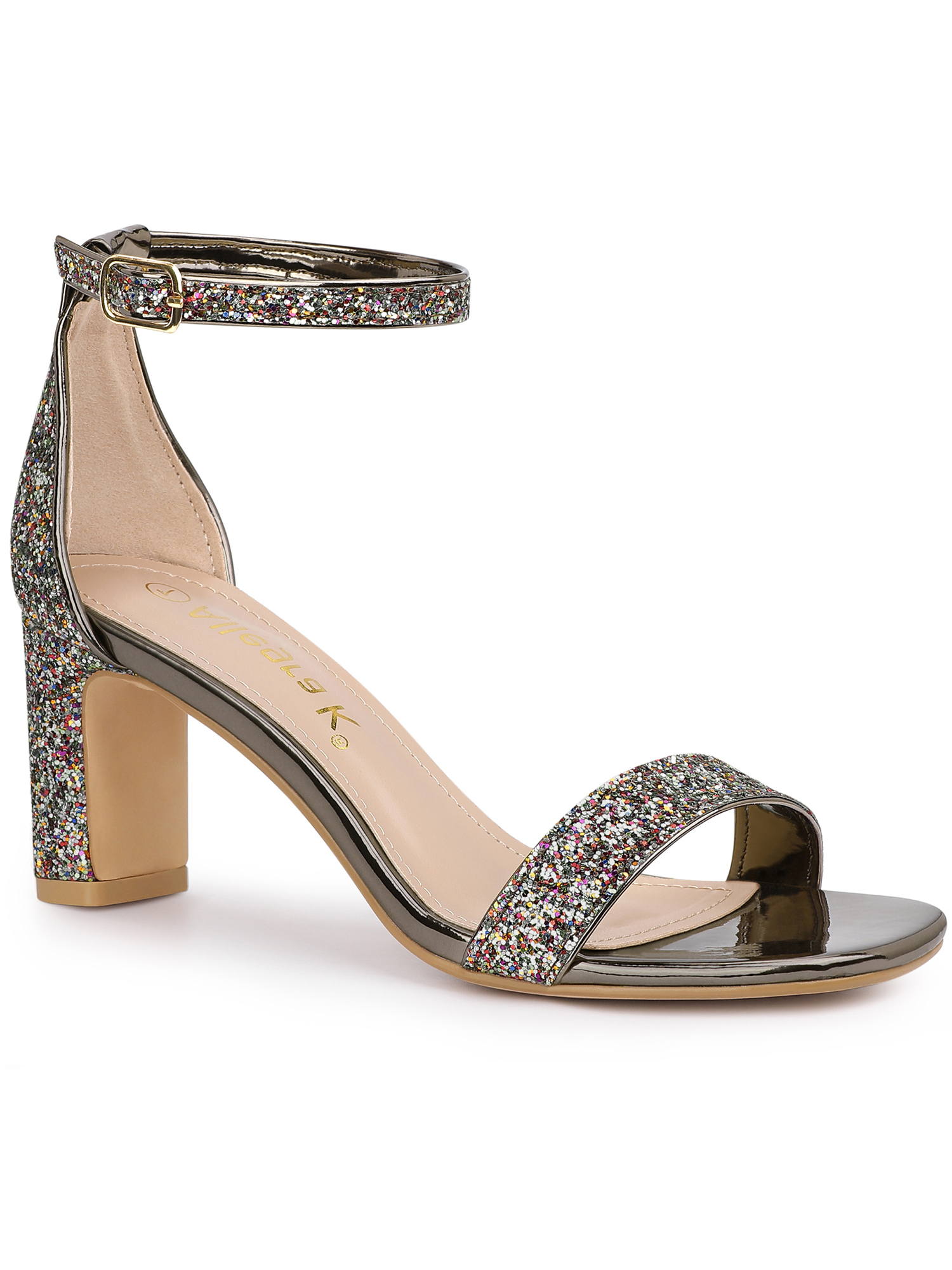 BLISSFUL STEP Women's Shoes Glitter Ankle Strap Block Heel Prom Sandals Colorful Silver 6