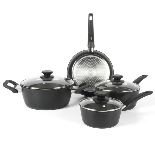 Oster Connelly 7 Piece Aluminum Cookware Set with Bakelite Handle featuring black nonstick aluminum pots and pans with clear tempered glass lids and stay-cool handles, designed for even heat distribution and easy cooking on all stovetops.