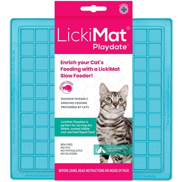 LickiMat Classic Playdate Cat Slow Feeder Lick Mat Boredom Anxiety Reducer; Perfect for Food Treats Yogurt or Peanut Butter. Fun Alternative to a Slow Feed Cat Bowl or Dish Turquoise