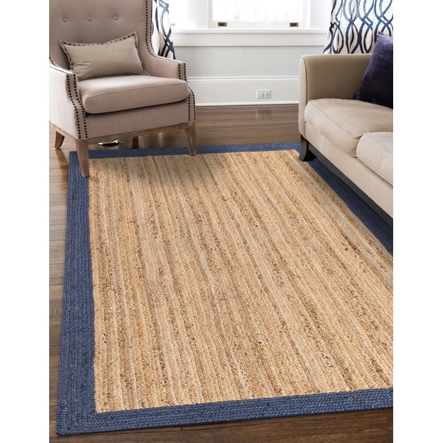 Indian Handmade Braided Navy Blue Border with Inner Natural Jute Area Rug, Home Décor Rug, Jute Rug for Bedroom, Dining Room, living room, Doormat Rug Size - 4' x 6' (120 cm x 180 cm)