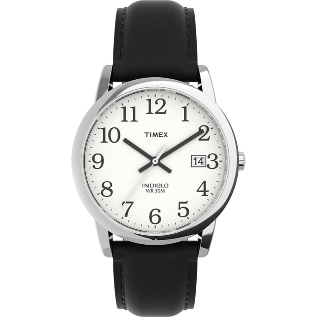 Timex® Easy Reader® Leather Strap Watch with a 35mm polished silver-tone case, white dial featuring black Arabic numerals, black hour and minute hands, date window at 3 o'clock, smooth black leather strap, INDIGLO light-up dial, and water resistant to 30 meters, often used for reliable everyday timekeeping.