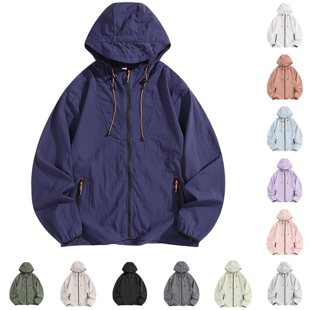 Maqroz Veste de Soleil pour Homme UPF 50++ à Capuche à Fermeture Éclair Intégrale Protection UV SPF Rafraîchissante Légère avec Poches Été Ajustable Séchage Rapide Veste de Sport de Piste Randonnée Pêche Plein Air Bleu Foncé L