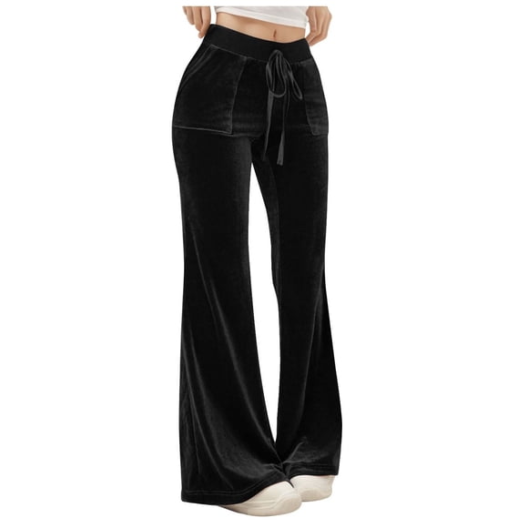 hotojiny Flare Pants for Women Velvet Elastic Waisted Wide Leg Pull on Trousers Fashion Drawstring Bootcut Fall Pants with Pockets
