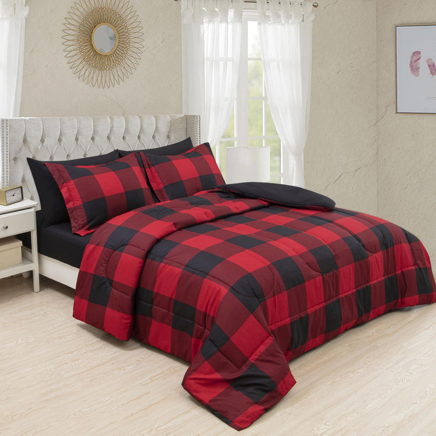 Marina Décoration Literie luxueuse ultra douce en duvet d'oie, alternative au duvet d'oie, richement imprimée, avec draps, motif à carreaux rouges et noirs