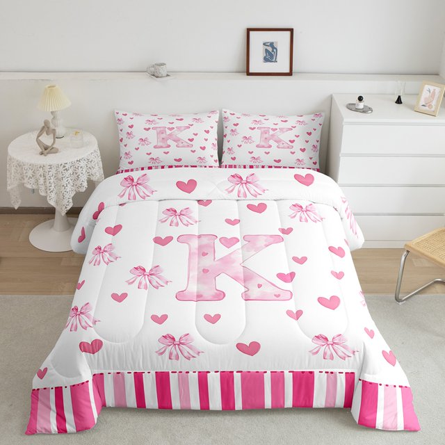 Erosebridal Bowknot K Bedding Full Comforter Set, Initial A to Z Letter Down Comforter, Geometric Stripe Decor, Reversible