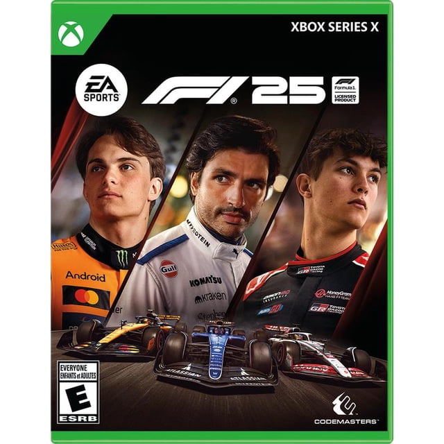 F1 2025 Xbox Series X game cover featuring three Formula 1 drivers in branded racing suits and three Formula 1 cars below, with EA Sports, Codemasters logos, and the official Formula 1 licensed product badge.