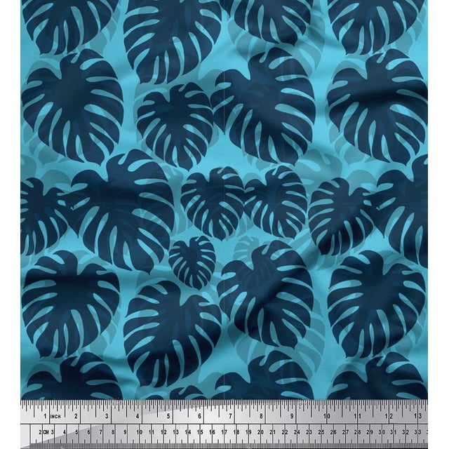 Soimoi Blue Modal Satin Fabric Monstera Leaves Print Sewing Fabric Yard 42 Inch Wide