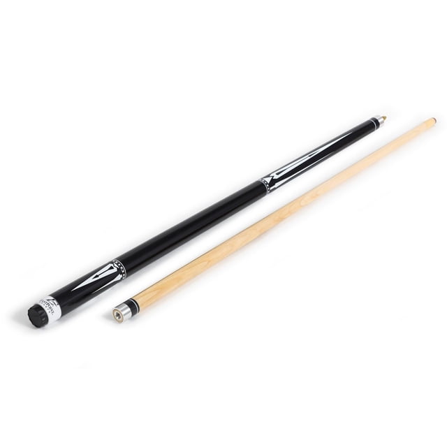 EastPoint Sports 57 inch 2 Piece Deluxe Wood Billiard Cue with natural wood shaft and black butt featuring white decals, aluminum joint system for easy assembly, and nylon grip for enhanced comfort and control during pool play.