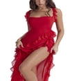 thumbnail image 3 of Women High Side Split Mesh Sheer Long Dress Sleeveless Ruffles Strappy Irregular Hem Cocktail Midi Dresses Red M, 3 of 8
