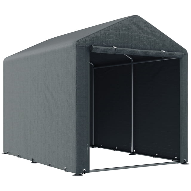 Outsunny Tente de Rangement, Abri Extérieur Portable avec Grande Porte, Gris Foncé. Cette Tente pour Vélo de 1,6 x 2,2 m Comprend un Auvent en Toile PE Résistante aux UV et un Cadre en Acier Galvanisé pour la Durabilité. l'Abri Peut Accueillir jusqu'à 3 Vélos, une Motocyclette Ou des Outils de Jardinage, et Comprend une Grande Porte à Fermeture Éclair pour un Accès Facile. les Piquets de Sol et les Vis Sont Fournis pour un Montage Sécurisé. Dimensions : 63 Pouces de Large, 85,8 Pouces de Profondeur et 67