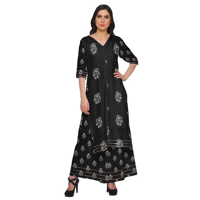 Moomaya Ensemble Kurta à Col en V Imprimé et Pantalon Palazzo Tenue Ethnique Robe pour Femmes