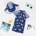 thumbnail image 4 of Toddler Swimsuit Boys Shark Print One Piece Zipper Swimsuit Kids Water Sport Short Sleeve Swimwear Bathing Suits with Hat Maillot De Bain Enfant Blue 12 Months-18 Months, 4 of 7