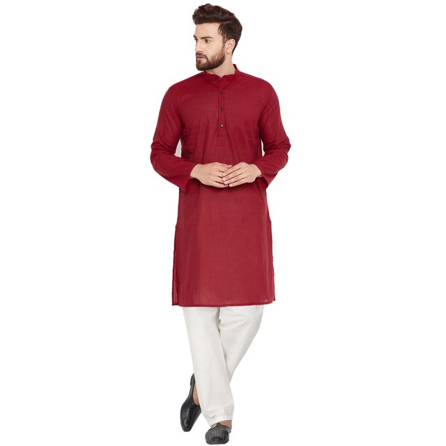 SKAVIJ Ensemble Kurta Pyjama Homme Coton Manches Longues Soirée Yoga Robe Red M