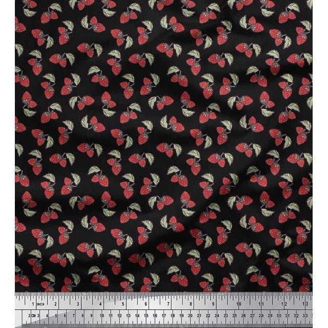 Soimoi Polyester Crepe Fabric Leaves & Strawberry Fruits Print Sewing Fabric Yard 52 Inch Wide