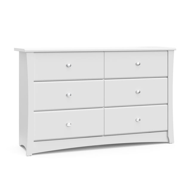Storkcraft Crescent Commode Double à 6 Tiroirs en Blanc avec six Tiroirs Spacieux, Comprenant des Boutons Métalliques Ovales, des Panneaux Latéraux Courbés et une Finition Stratifiée durable, Conçue pour le Rangement de la Chambre de Bébé Ou de la Chambre d'Enfant avec Tiroirs à Emboîtement Sécuritaire et Compatibilité avec Dispositif de Retenue pour Basculement.