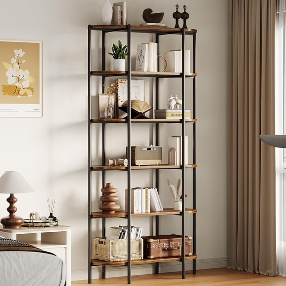 TROPOW 6 Tier Bookshelf - Tall Bookcase Oval Vintage Bookshelf Industrial Bookshelves Industrial Wood and Black Metal Bookshelves Display Shelf Storage for Home Office Living Room Bedroom