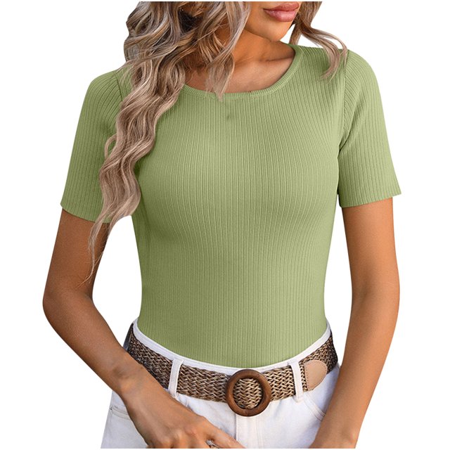 AherBiu Hauts Courts pour Femmes Col Ras du Cou Manches Courtes Ajusté Blouse en Tricot Côtelé Hauts de Sortie pour Femmes