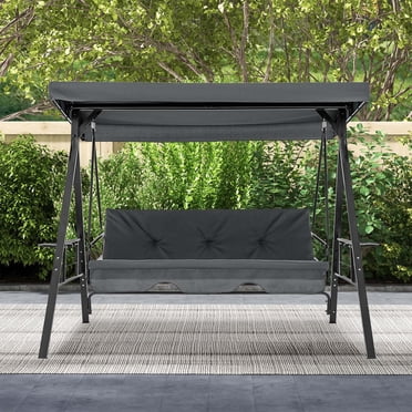Costway 3-Seat Patio Porch Swing with Adjustable Canopy Soft Seat Back Cushions Side Tables Grey