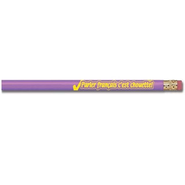 Poster Pals French "Parler Français C'est Chouette!" wooden pencils with purple barrels and yellow French text, red erasers with beige ferrules, suitable for school supplies and classroom incentives.