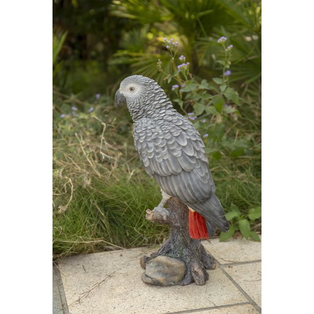 Décoration de Jardin Statue d'Animal Perroquet Gabon Gris sur Souche